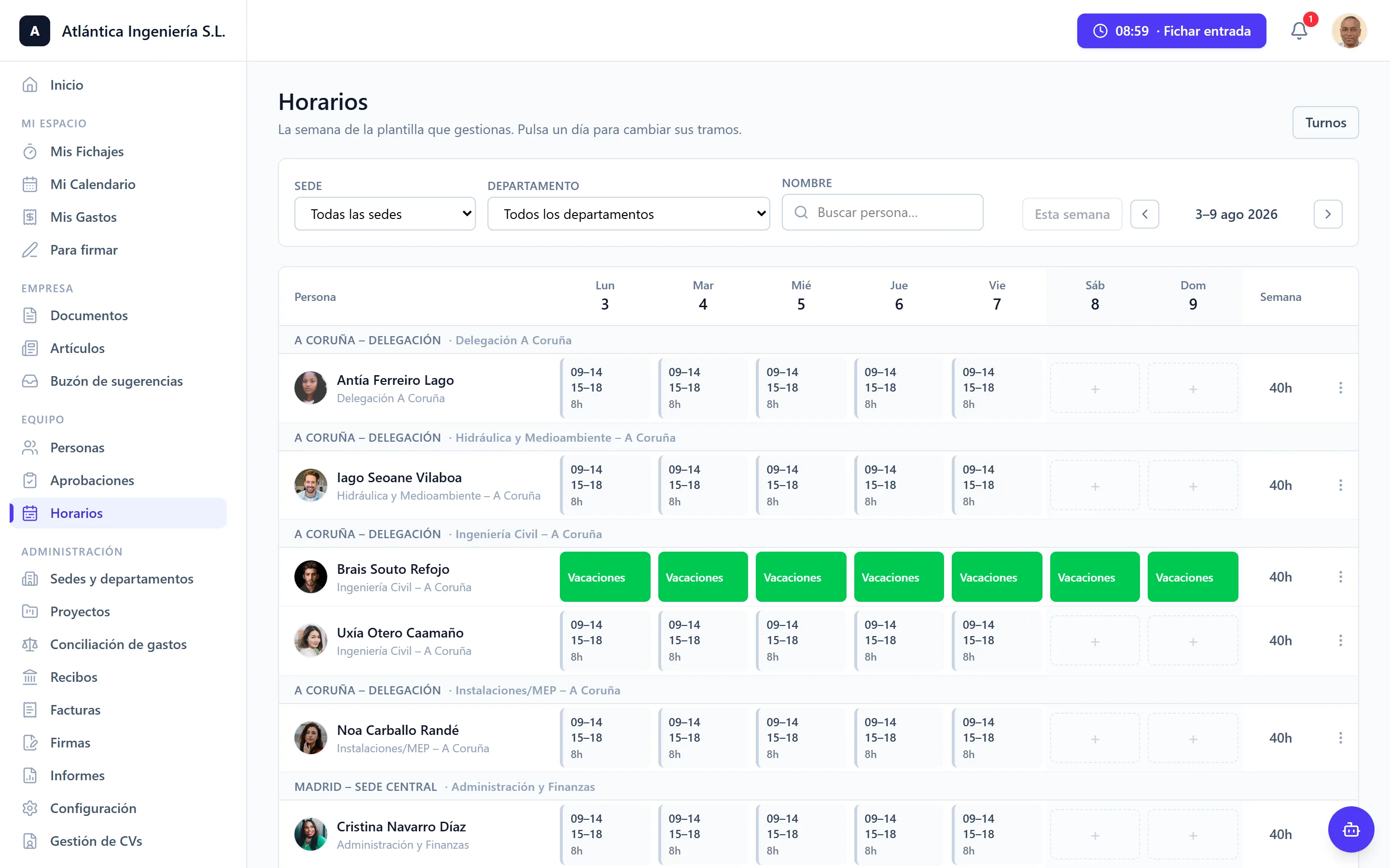 Cuadrante de horarios de la plantilla