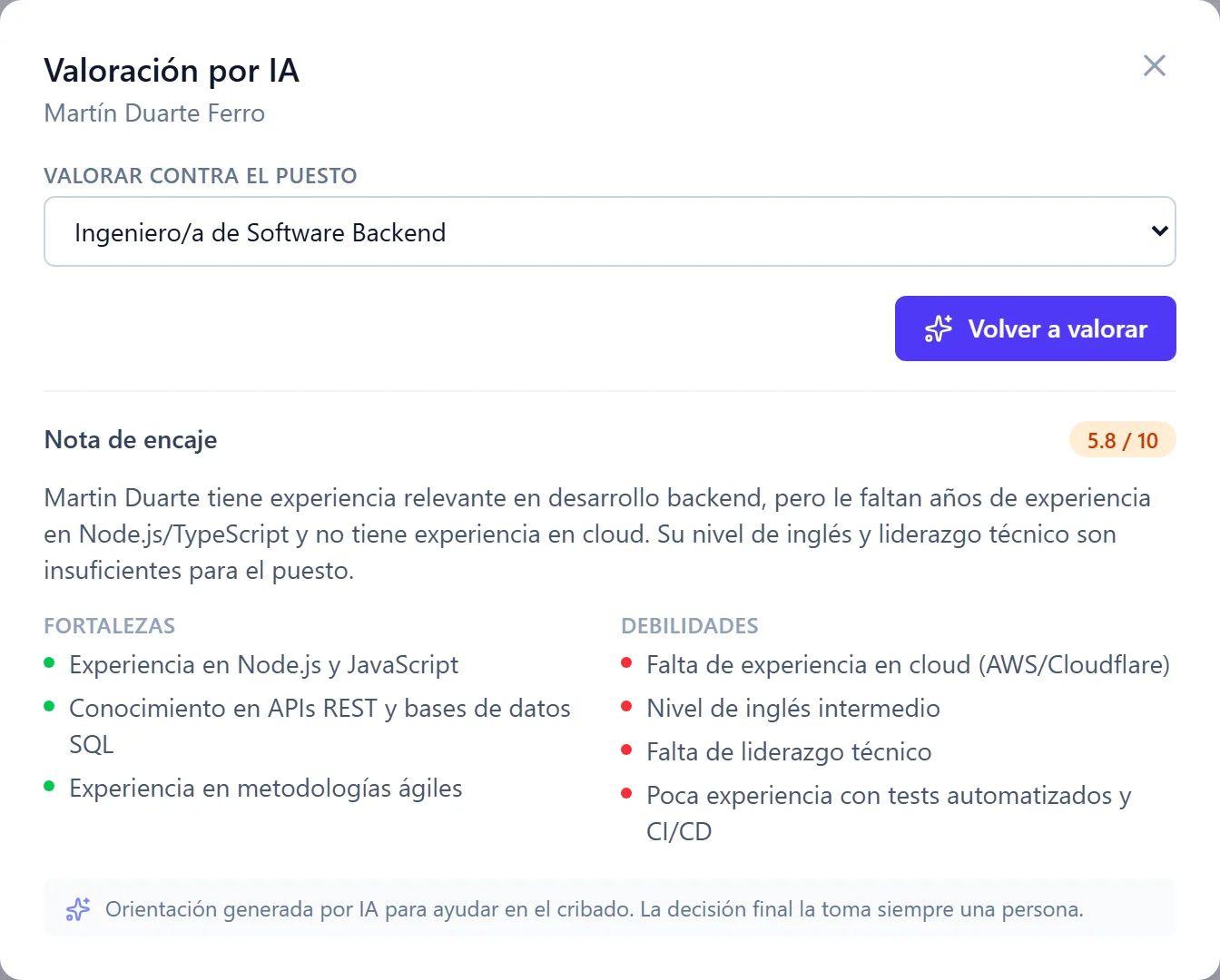 Valoración por IA de una candidatura: nota de encaje, fortalezas y debilidades