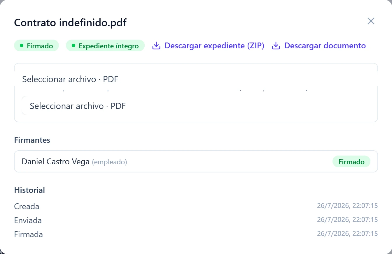 Detalle de una firma en DutyBeat: expediente íntegro, descarga en ZIP, firmantes e historial