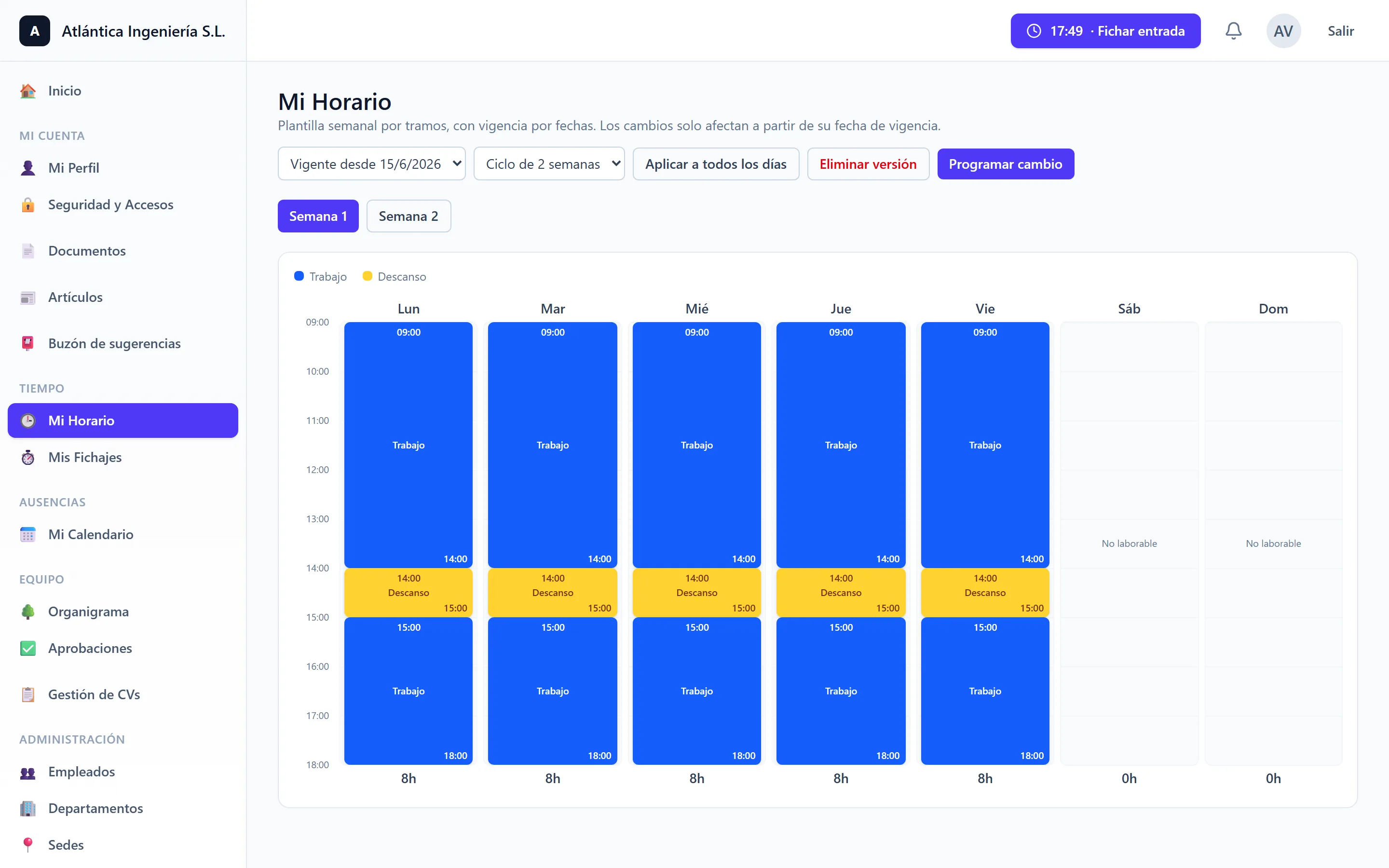 Horario con ciclo rotativo de 2 semanas