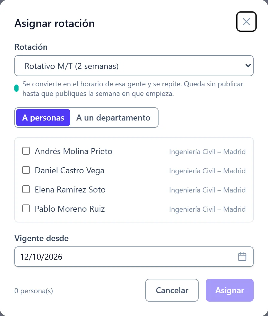 Asignar la rotación Mañanas y tardes a personas, desde una fecha