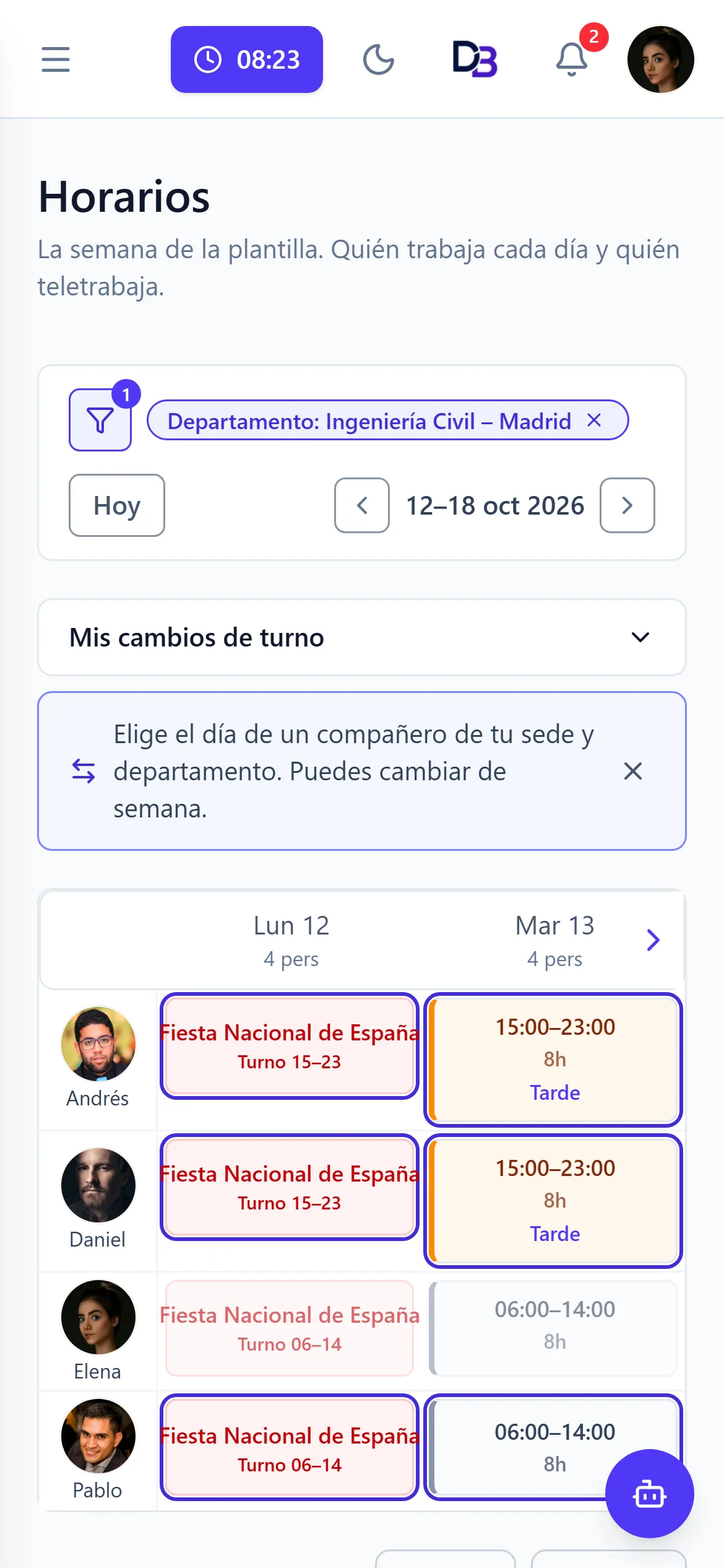 En el móvil, los días del compañero que se pueden elegir salen resaltados