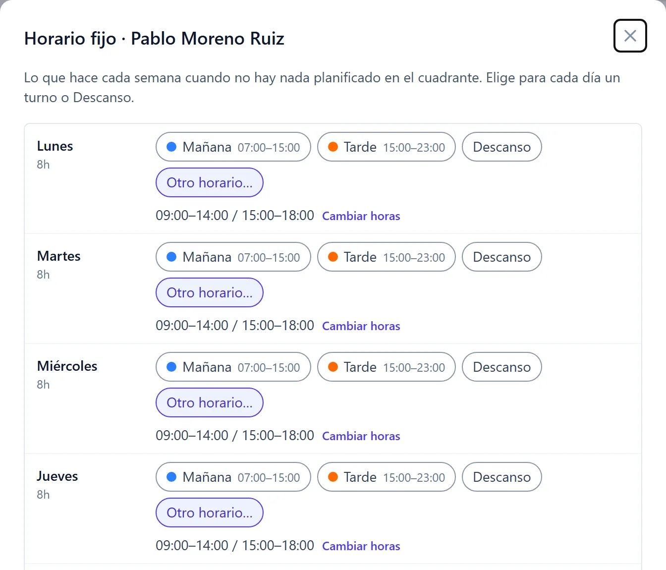 La ventana de horario fijo de Pablo: para cada día, un turno, Descanso u Otro horario