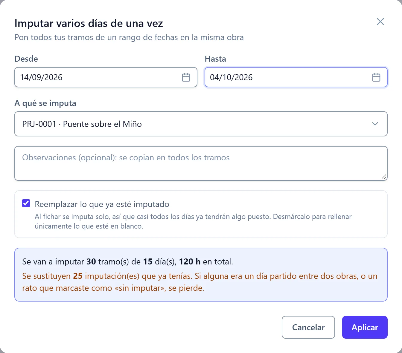 Imputar varios días, con la vista previa