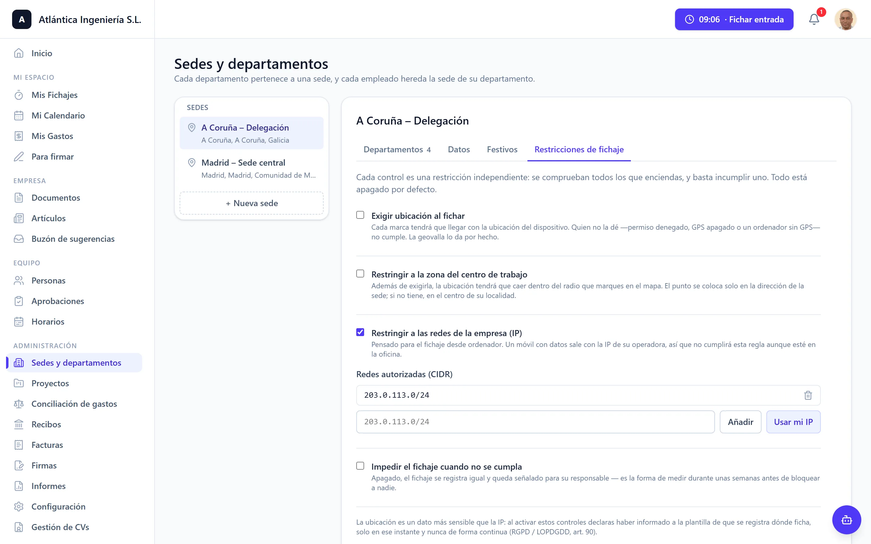 Configuración del control de ubicación de una sede