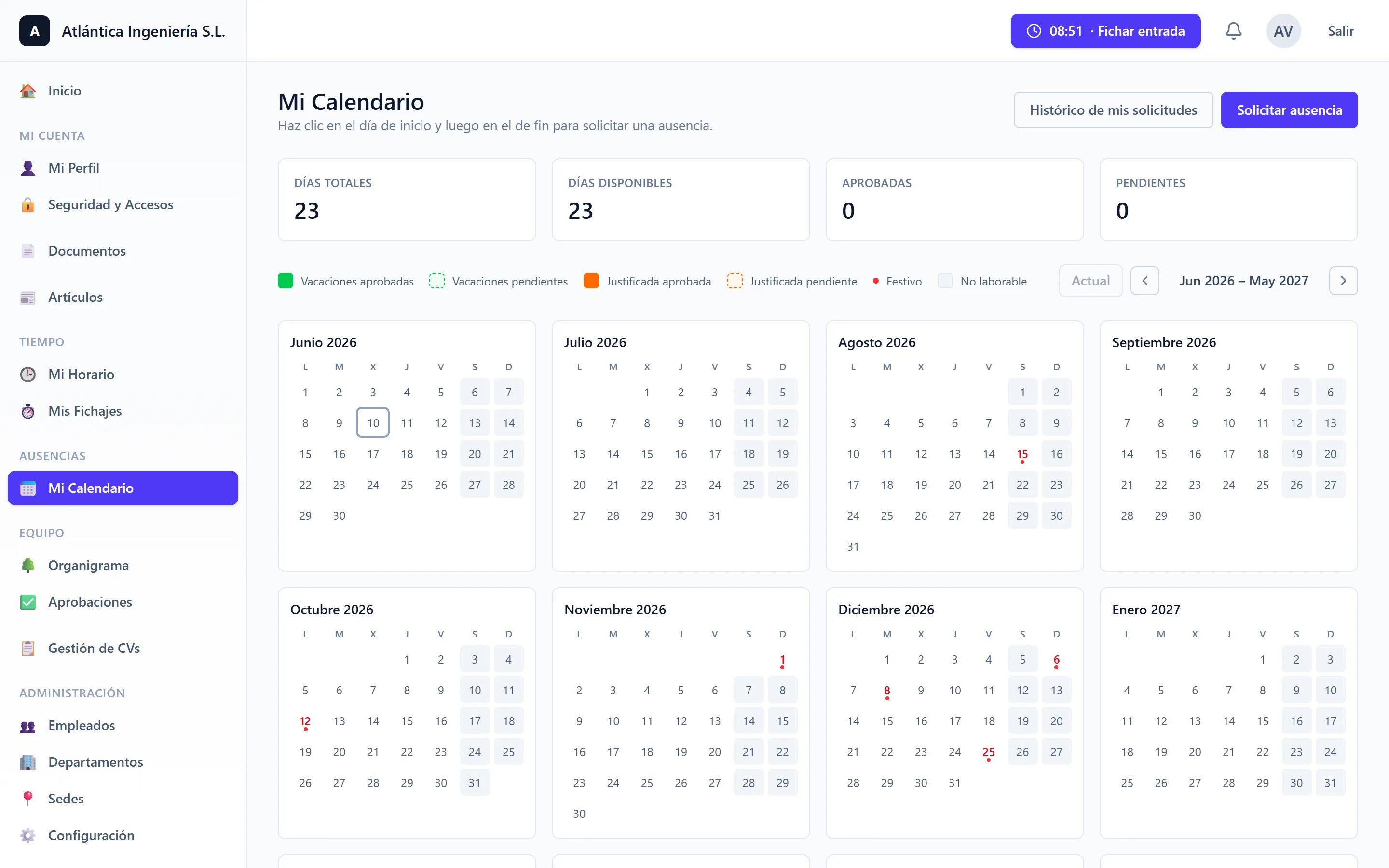 Pantalla Mi Calendario de DutyBeat con la vista anual de ausencias y festivos